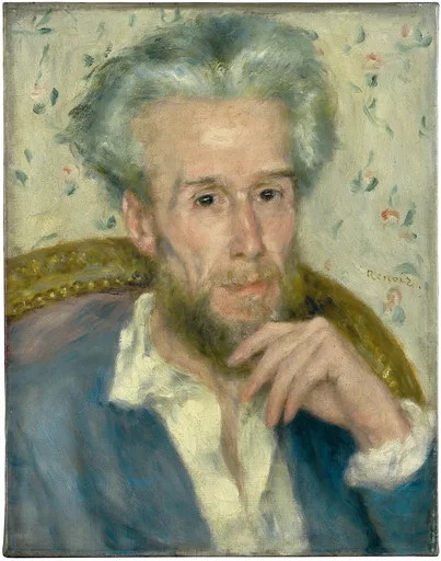 An older bearded man in a blue coat rests his chin on his hand before a floral wallpaper, in silvery gray, pale gold, and light blue.
