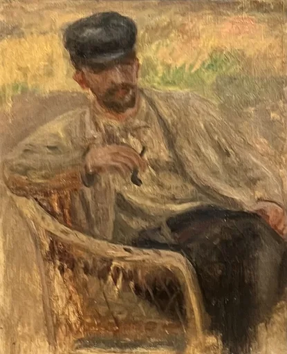 A bearded man in a dark cap sits in a wicker armchair holding a pipe, outdoors against a golden-yellow backdrop, in warm ochre, brown, and dark grey tones