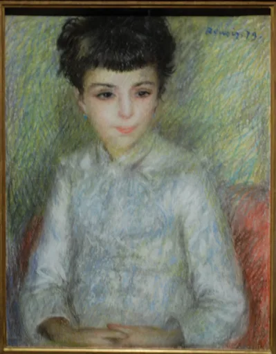 A dark-haired girl in a pale blue blouse sits with hands folded, rendered in soft pastel hatching against a green and yellow ground.