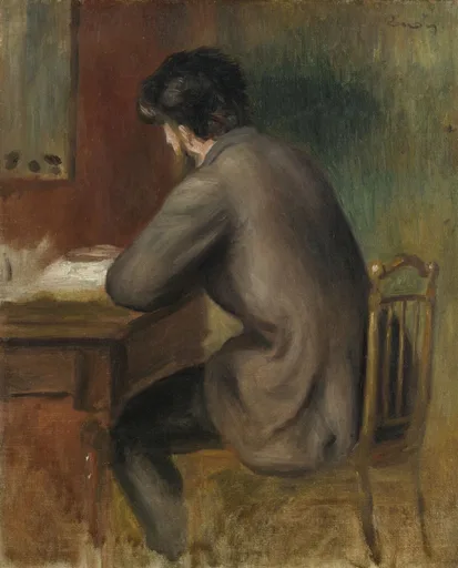 Seen from behind, a man in a grey coat sits bent over a small writing desk, in a dim interior of brown and green tones.