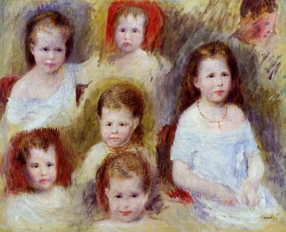 A study sheet of several children's heads and a seated girl in a blue dress, repeated in soft strokes of red, gold, and cream.