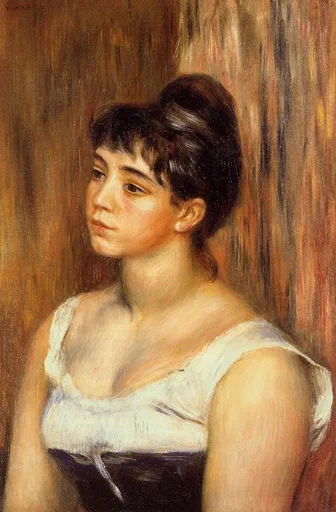 Three-quarter portrait of a dark-haired young woman in an off-the-shoulder white blouse over a dark bodice, against a warm brown backdrop.
