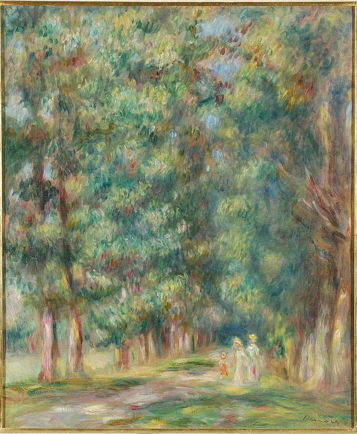 Tiny figures in white walk along a path beneath a dense canopy of trees, the scene dominated by dappled green foliage and warm dappled light