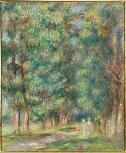 Tiny figures in white walk along a path beneath a dense canopy of trees, the scene dominated by dappled green foliage and warm dappled light