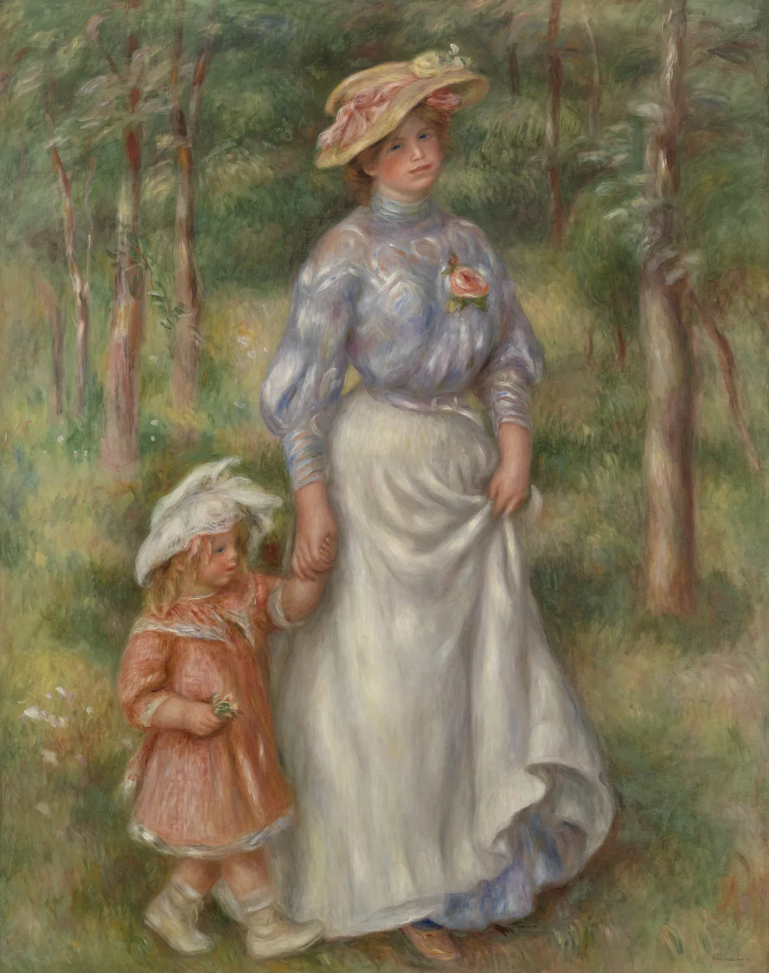 A woman in a straw hat and white skirt walks hand in hand with a small girl in a pink dress through a wooded park, in green, white, and soft pink.