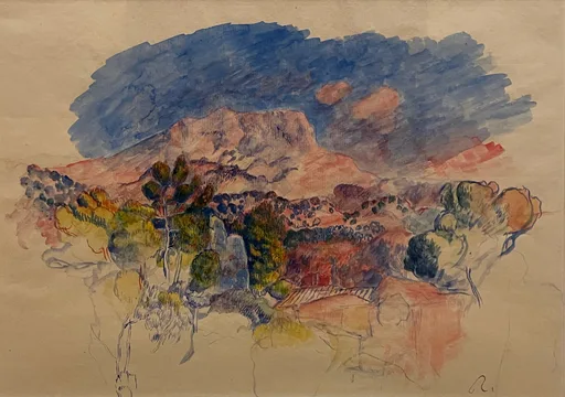 A watercolour mountain in rust-red tones rises beneath a deep blue sky, green trees and a rooftop below.