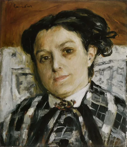 A dark-haired woman in a striped black-and-white blouse with a small brooch at her collar looks out against a rust-red and grey backdrop.
