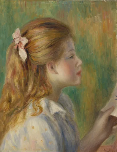 A girl with long auburn hair tied in a pink bow reads intently in profile, her spotted blue dress set against a green background.