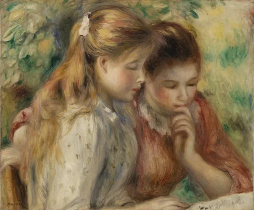 Two young girls, one blonde and one brunette, lean together reading closely, painted in warm pinks and greens with a leafy backdrop.