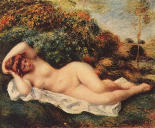 A reclining nude bather sleeps on a white cloth with one arm behind her head, amid autumn-red bushes and a pale sky