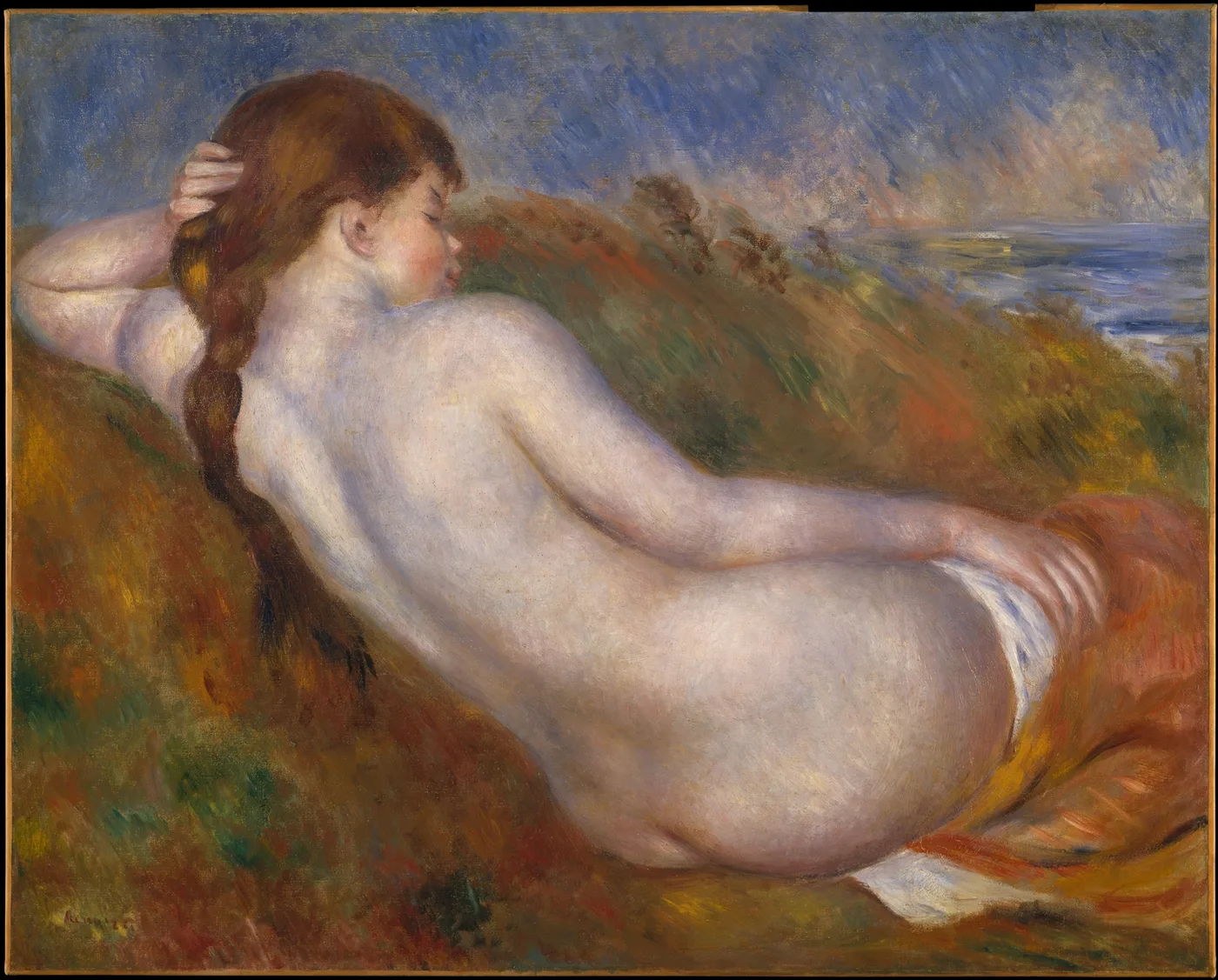 A nude woman with a long braid reclines seen from behind on a hillside overlooking the sea, in pale flesh tones, ochre, and blue.