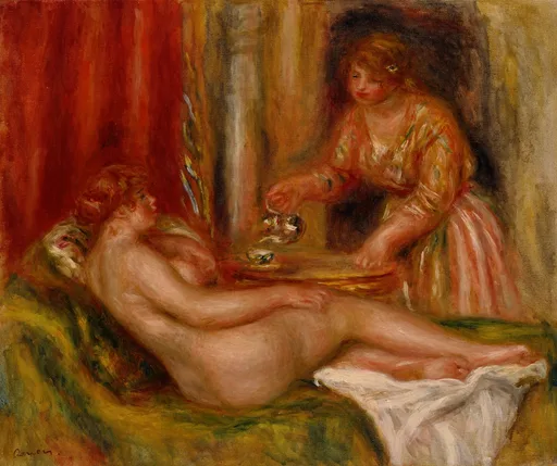 A nude woman reclines on a bed while a dressed servant pours tea at a small table beside her, in warm red, orange, and golden tones.