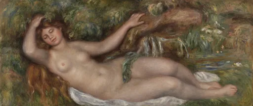A reclining nude woman rests on white drapery beside a stream, one arm raised behind her head, amid soft greens and earth tones.