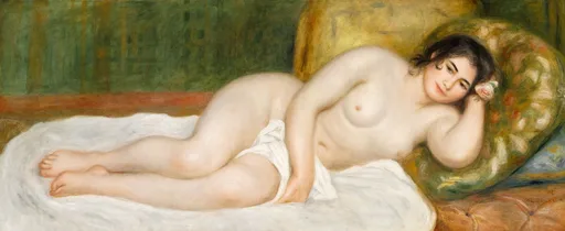A dark-haired nude woman reclines on white sheets against green cushions, a flower tucked in her hair, one hand resting near her hip.