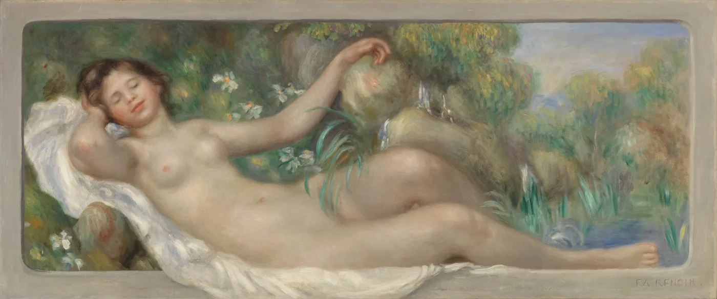 A reclining nude woman sleeps on white cloth beside a pond bordered by reeds and small birds, in soft pastel greens and creams.