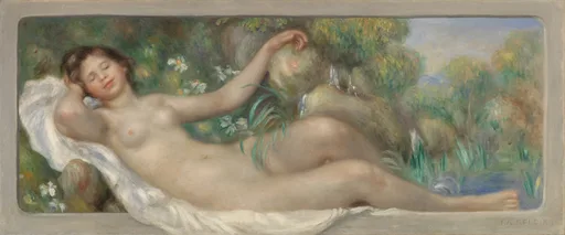 A reclining nude woman sleeps on white cloth beside a pond bordered by reeds and small birds, in soft pastel greens and creams.