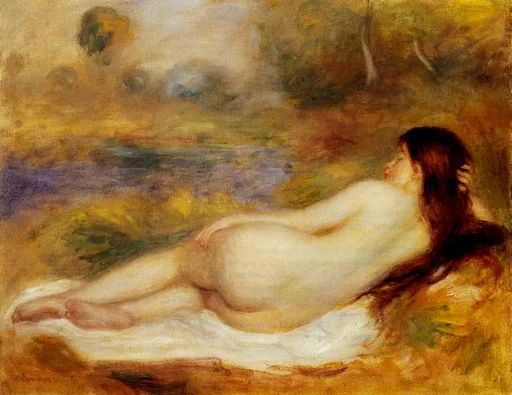 A nude woman with long dark red hair reclines on her side on white cloth in a warm ochre landscape near a river.