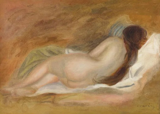 A nude woman lies face down seen from behind, her long dark hair loose, against a warm ochre background.