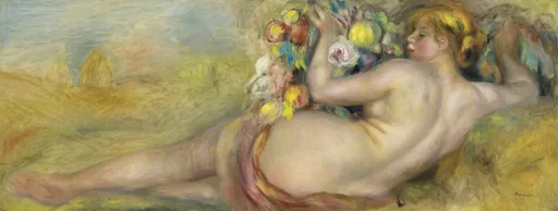An elongated nude woman reclining outdoors, reaching up toward hanging fruit and flowers, in soft pink and gold