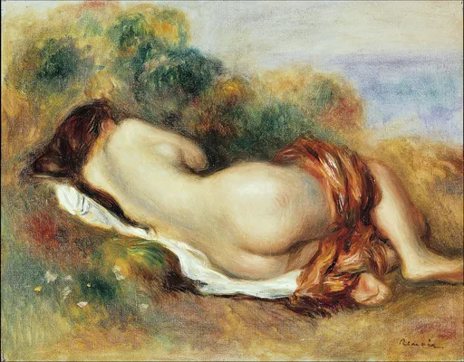 A nude woman lies curled on her side on a white cloth outdoors, her hair spilling over her shoulder, in pale flesh tones and golden green landscape.
