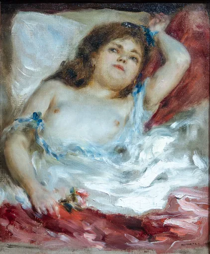A half-nude woman lying back on white sheets with a blue ribbon in her hair, beside a small pink rose and red drape