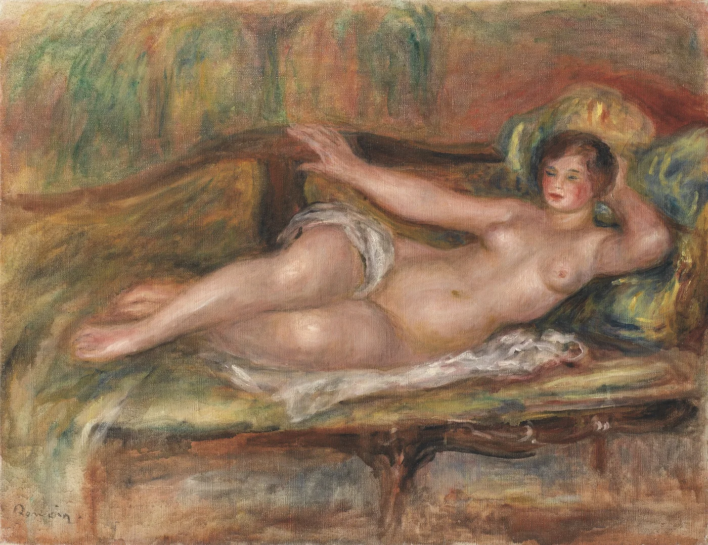 A nude woman reclining on a cushioned chaise longue with one arm raised, in pale flesh tones and olive green