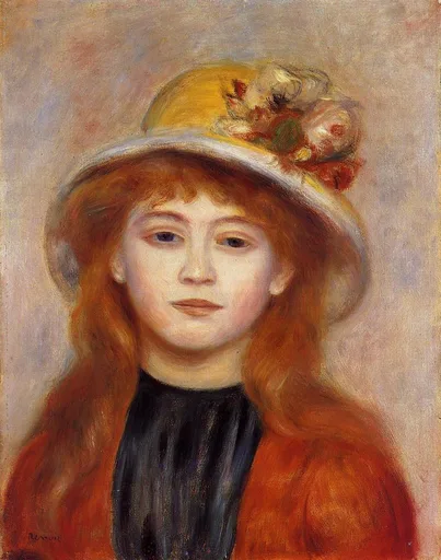 A red-haired girl in a straw hat with pink roses, wearing a black collar and orange coat, against soft mauve