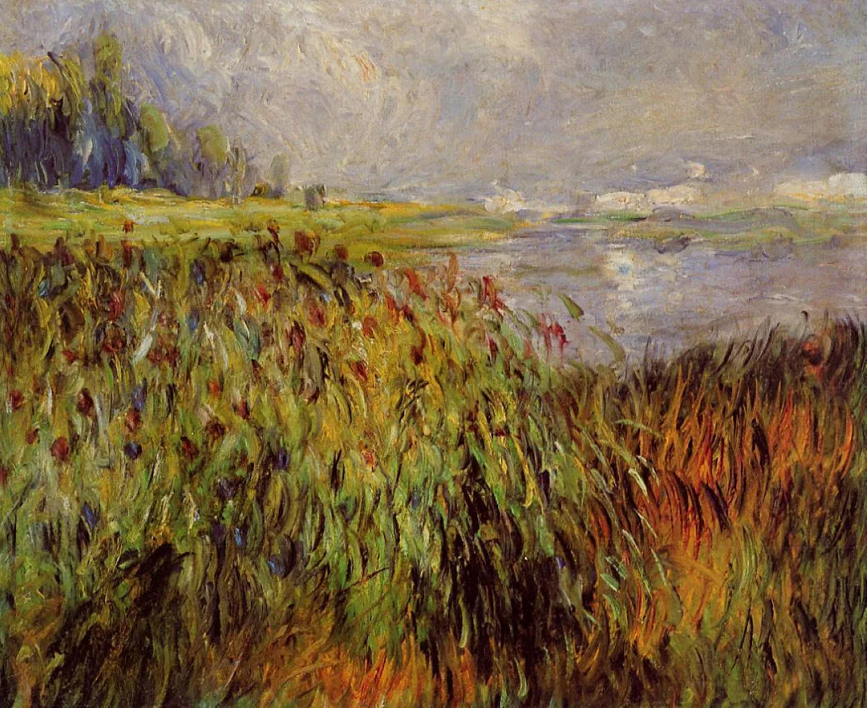 Tall reeds with dark seed heads bend along a riverbank under a pale sky, painted in loose strokes of green, rust, and lavender.