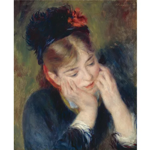 A pensive woman resting her face in both hands, wearing a dark hat with a red feather, in deep blue, olive green, and warm flesh tones
