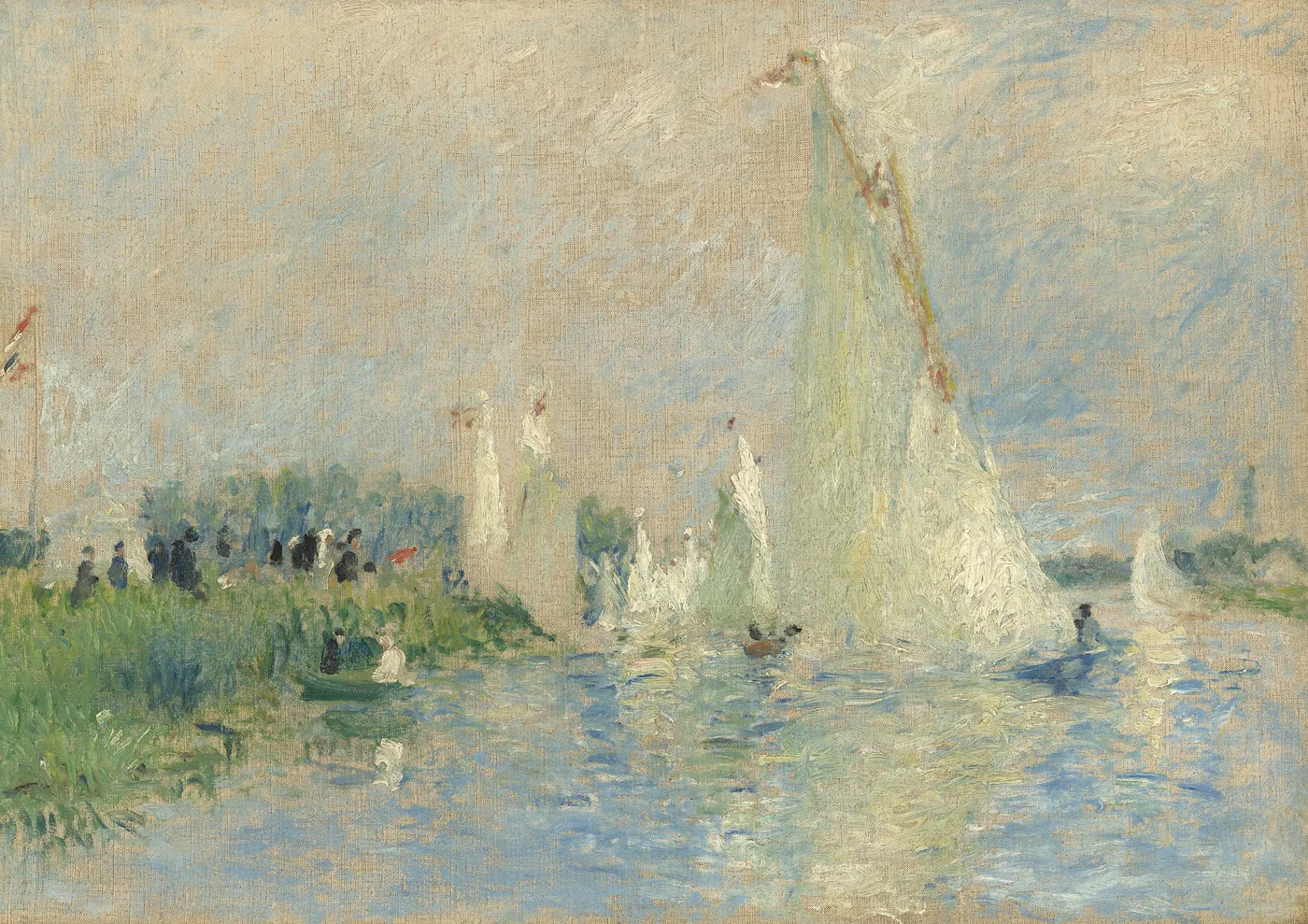 White sailboats gather on a river beside a crowd on the bank, painted in light, hazy strokes of blue, tan, and white.