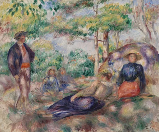 A group rests on the grass beneath trees, a standing man in a hat facing seated women in dark and orange dresses, painted in dappled greens and violets.