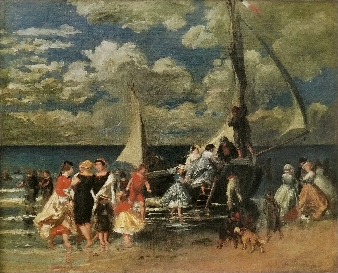 A crowd in colorful dresses disembarks from sailboats onto a sandy beach beneath a cloudy sky, in blue, sandy beige, and touches of red and gold.