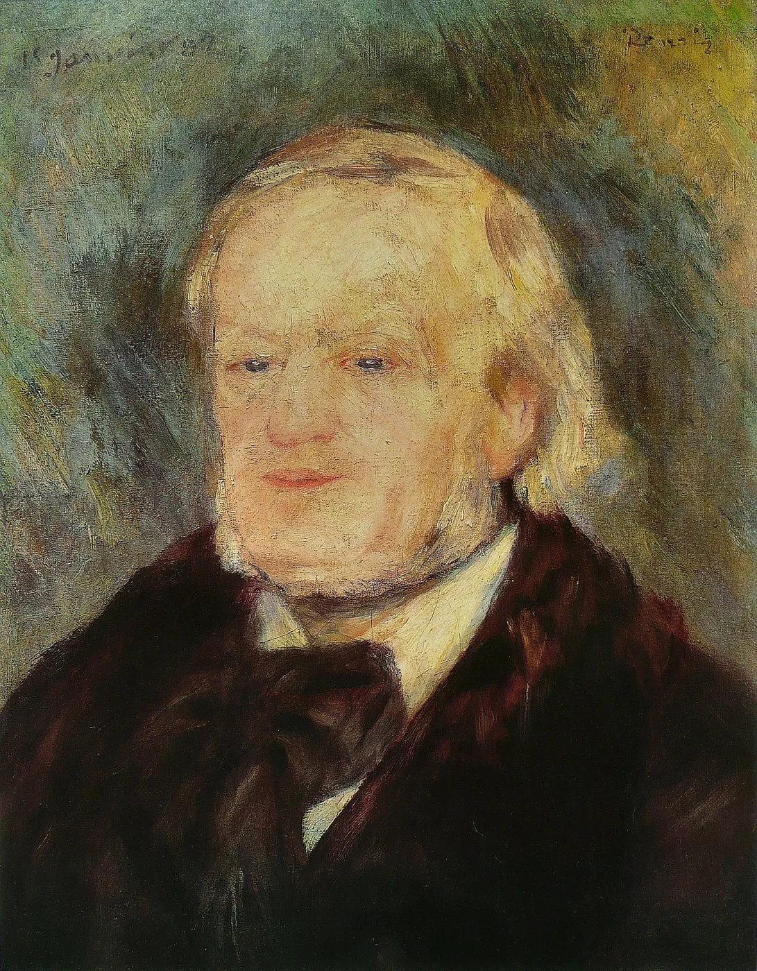 A close-up portrait of an elderly, pale-haired man in a dark coat and bow tie, painted loosely against a mottled green background