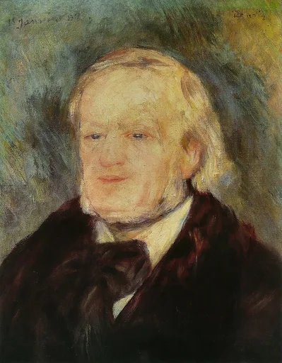 A close-up portrait of an elderly, pale-haired man in a dark coat and bow tie, painted loosely against a mottled green background