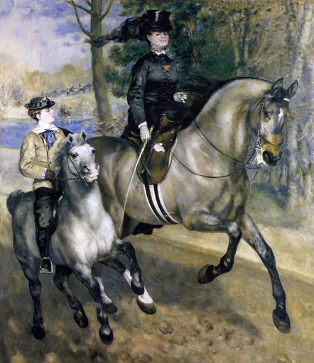 A woman in a black riding habit and top hat on a grey horse beside a boy on a pony, riding through a wooded park by a lake