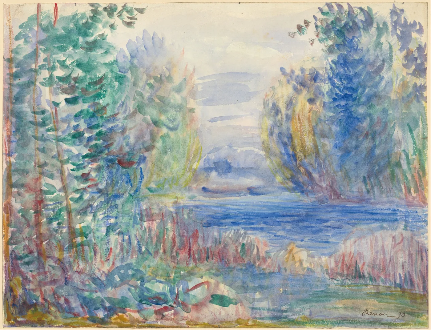 A watercolor river landscape framed by leafy trees on both banks, rendered in translucent washes of blue, green, and pink.