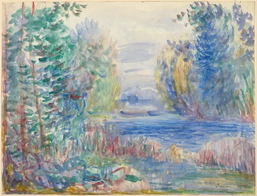 A watercolor river landscape framed by leafy trees on both banks, rendered in translucent washes of blue, green, and pink.