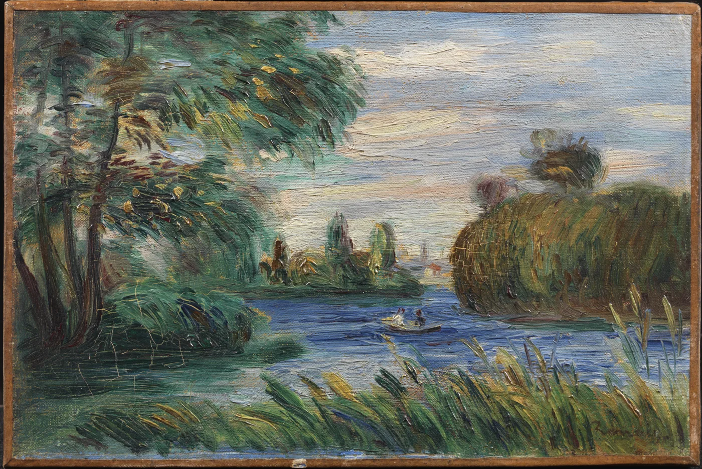 A small rowboat drifts on a river between leafy banks, painted in thick strokes of green, blue, and gold.