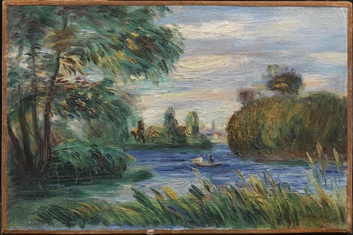 A small rowboat drifts on a river between leafy banks, painted in thick strokes of green, blue, and gold.