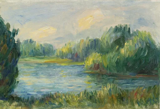 A calm river bordered by dense green trees under a soft cloudy sky, with a small building glimpsed on the far bank