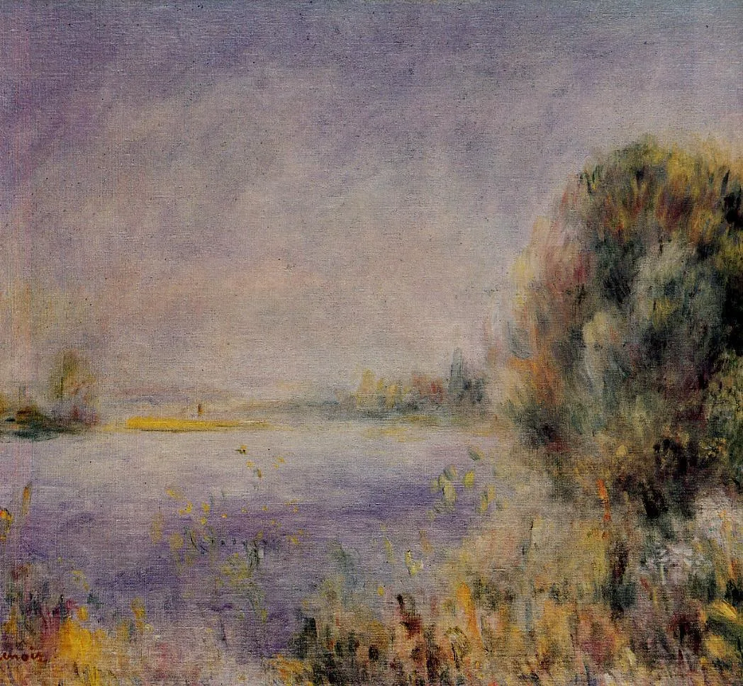A misty river bend with a dark shrub at the shore and hazy trees on the far bank, in lavender, purple and gold
