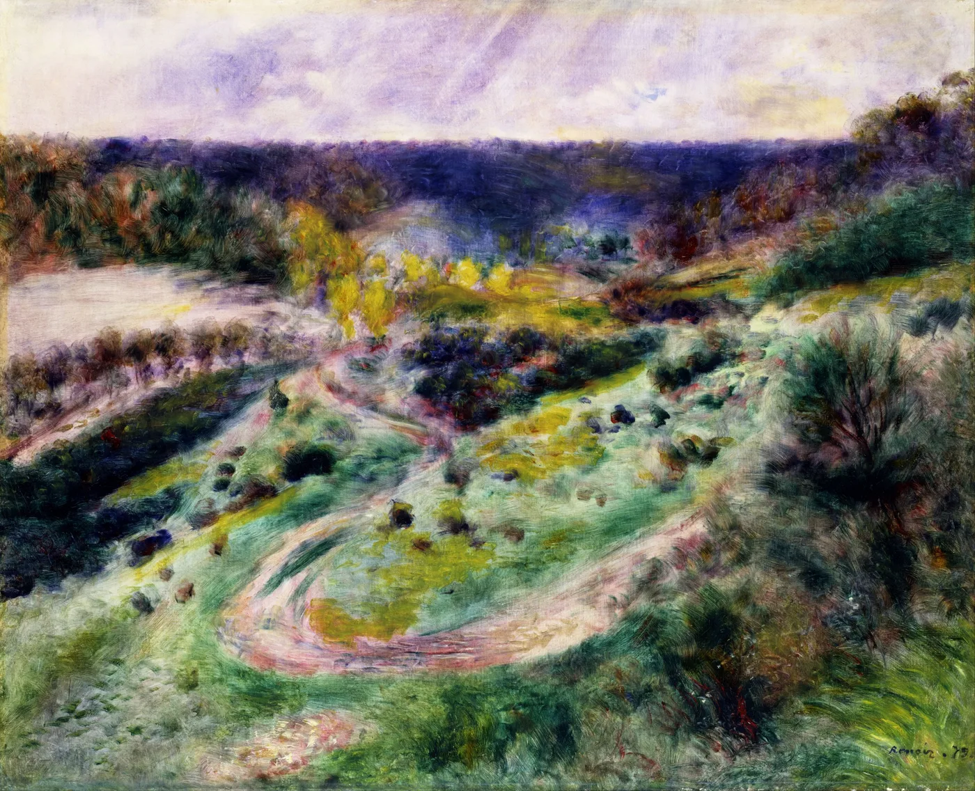 A winding road curves through rolling green hills toward a distant valley, painted in rich greens with touches of autumn orange.