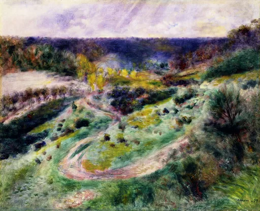 A winding road curves through rolling green hills toward a distant valley, painted in rich greens with touches of autumn orange.