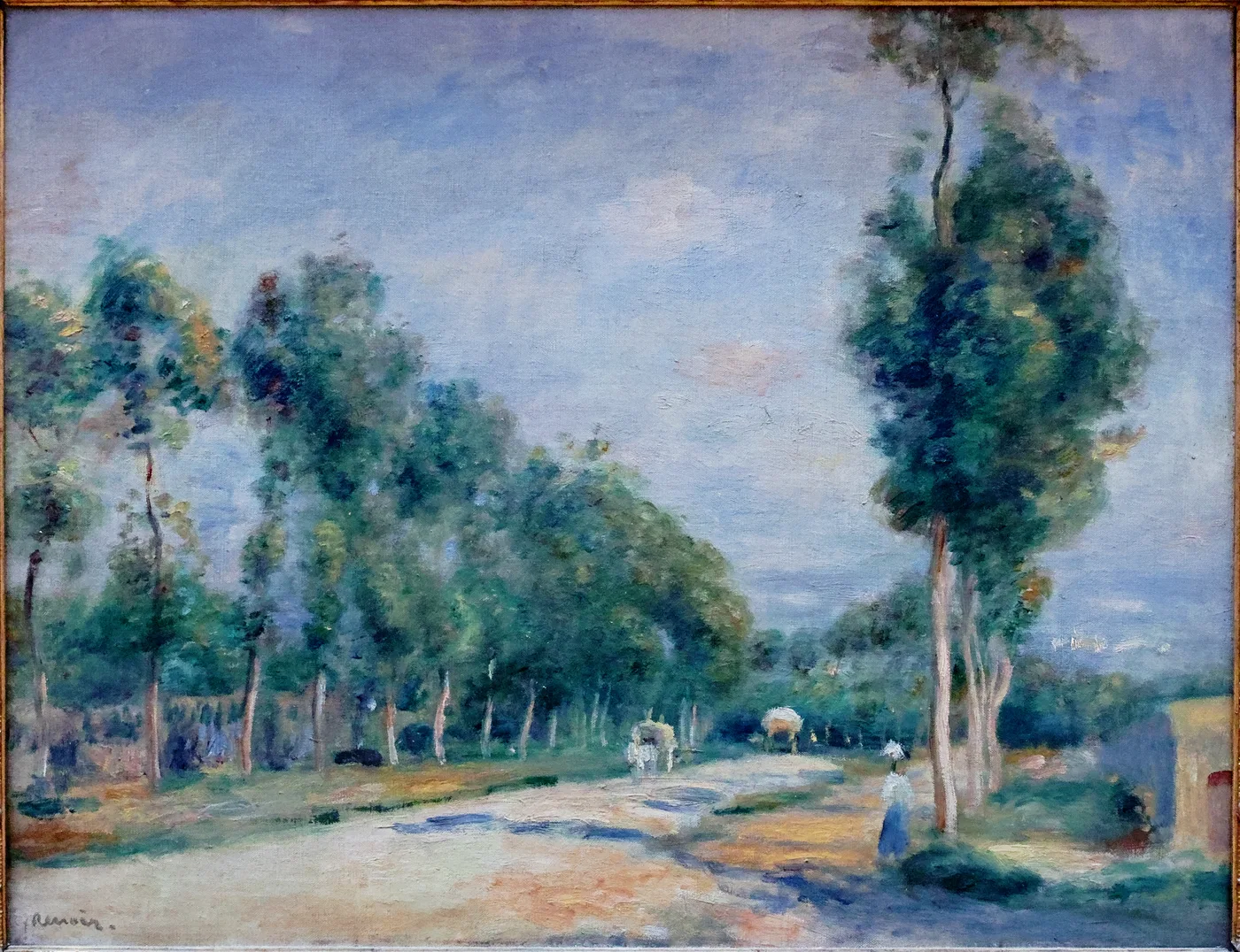 A country road lined with tall trees and small figures walking beneath a wide sky, in soft blue, green, and sandy ochre