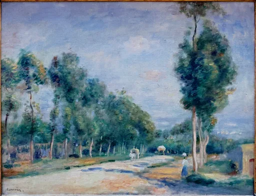 A country road lined with tall trees and small figures walking beneath a wide sky, in soft blue, green, and sandy ochre