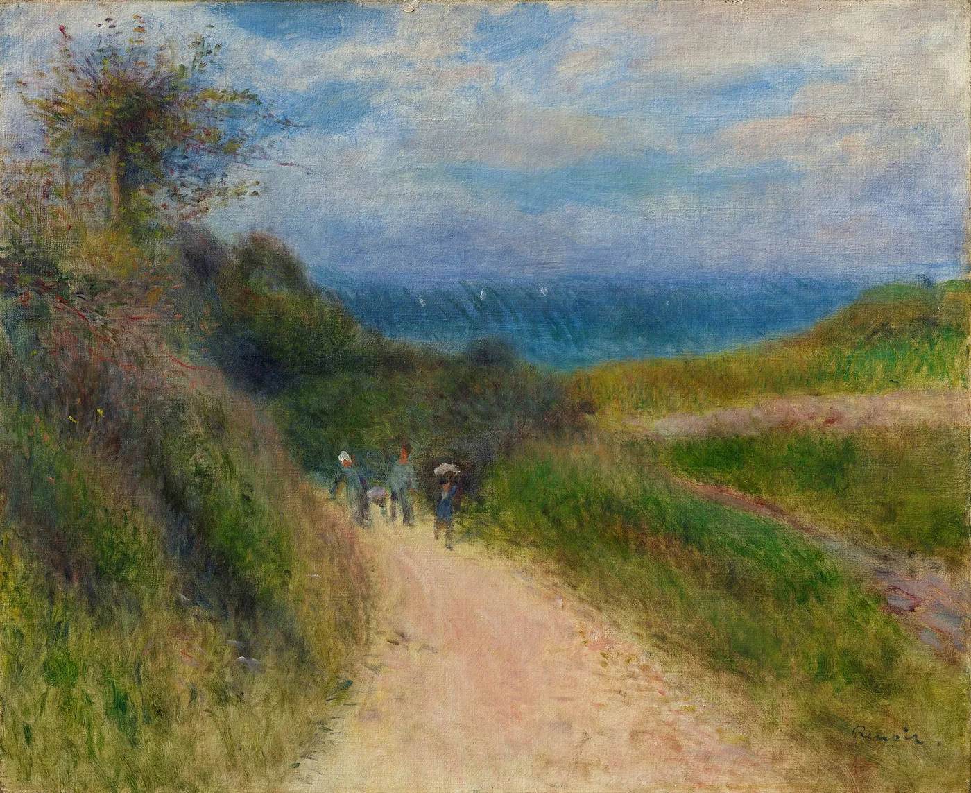 Small figures walk a sandy path between grassy dunes toward a bright sea horizon, under a blue sky with drifting clouds.