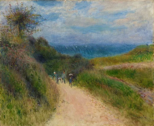 Small figures walk a sandy path between grassy dunes toward a bright sea horizon, under a blue sky with drifting clouds.