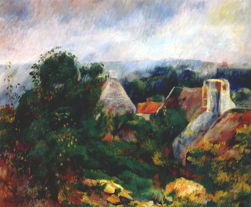 A cluster of stone cottages and a tower rise among dense trees on a hillside, painted in thick strokes of green, ochre, and grey.