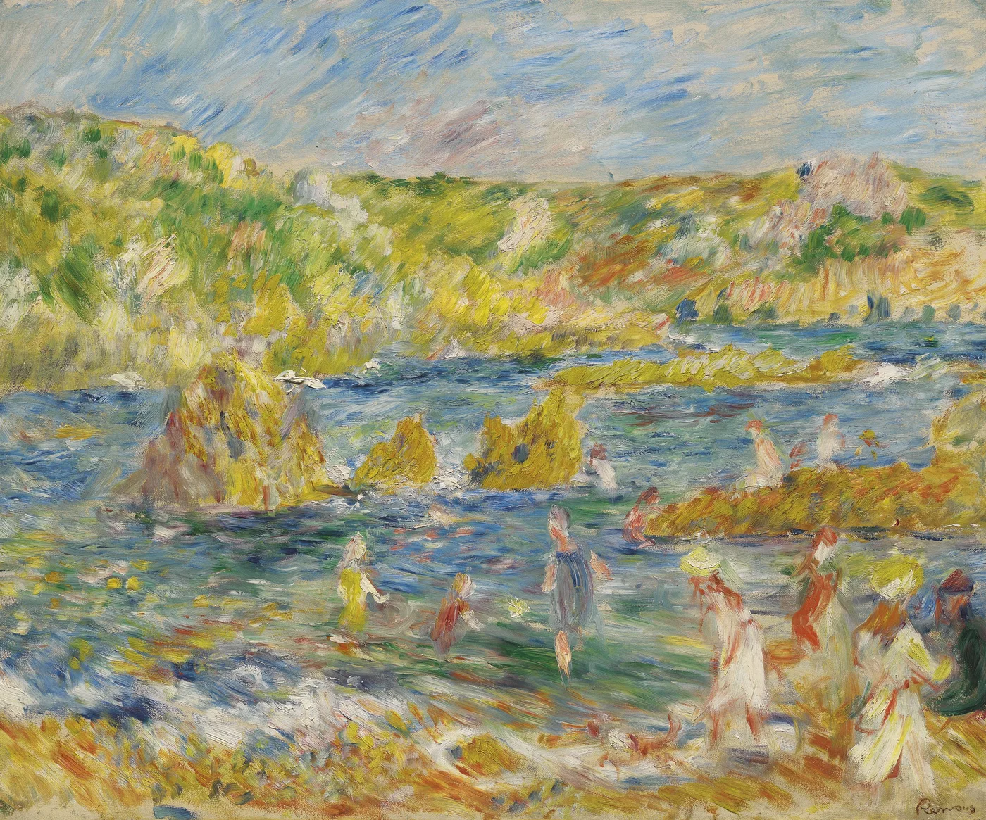 Figures in light dresses wade and gather among rocky tide pools below green cliffs, painted in bright dabs of blue, gold, and white.
