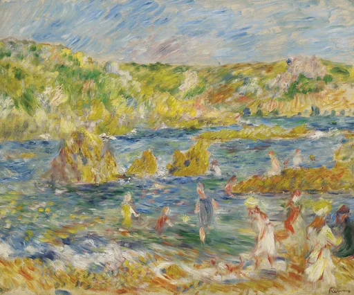 Figures in light dresses wade and gather among rocky tide pools below green cliffs, painted in bright dabs of blue, gold, and white.